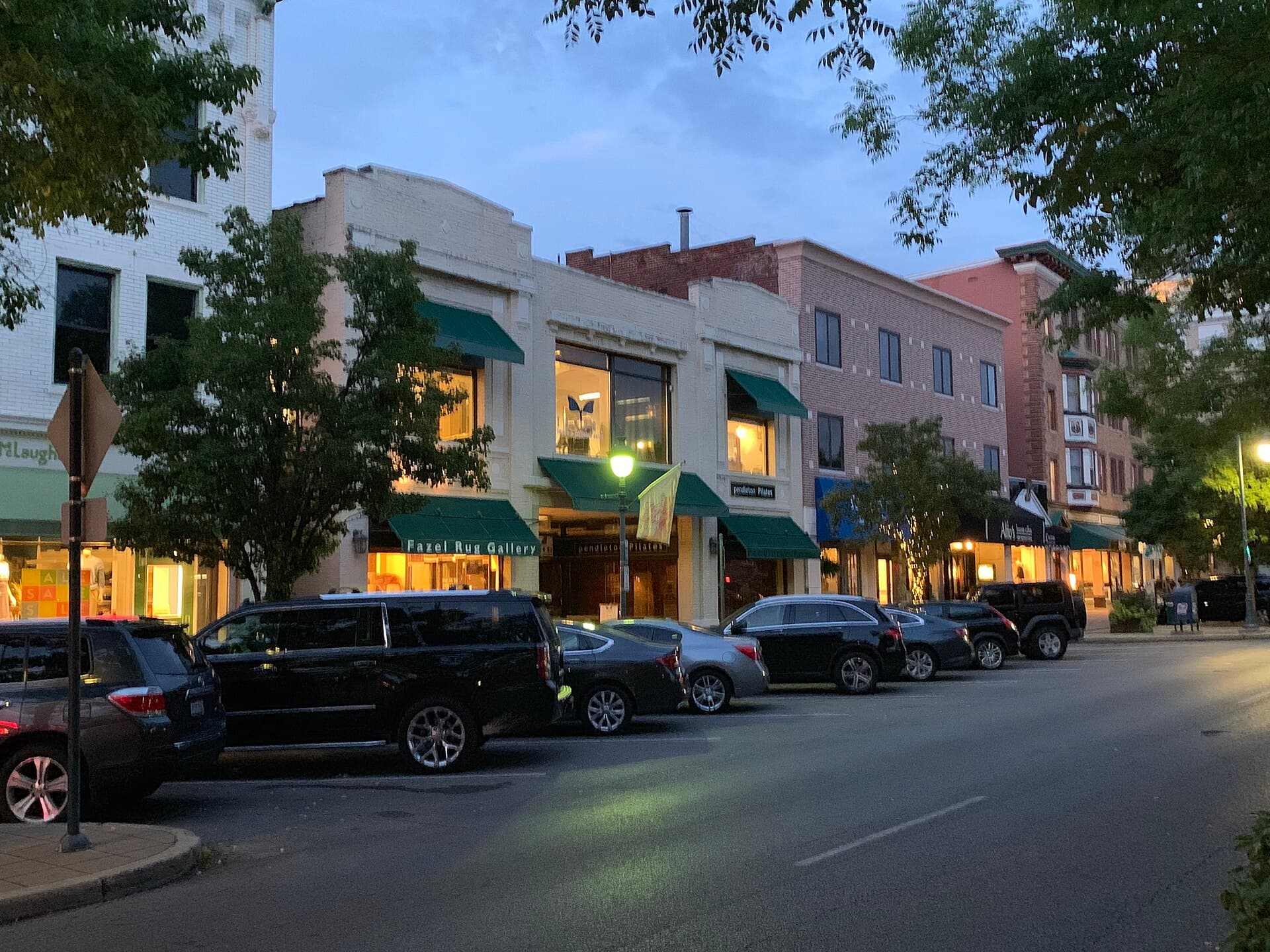 Shops and trees near Hyde Park Square